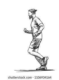 Sketch of running man with hipster haircut and beard, Hand drawn vector illustration