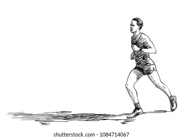 Sketch of running man with long shadow, Hand drawn vector illustration