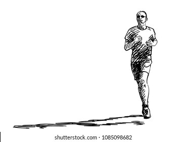 Sketch of running man with long shadow, Hand drawn vector illustration