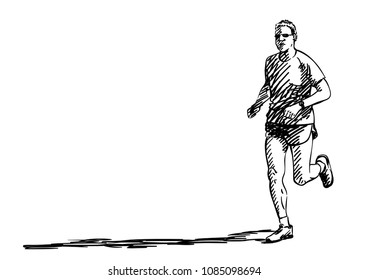 Sketch of running man with long shadow, Hand drawn vector illustration