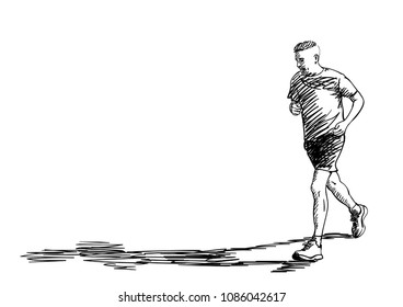 Sketch of running man with long shadow, Hand drawn vector illustration