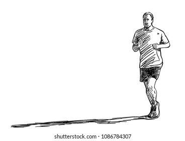 Sketch of running man with long shadow, Hand drawn vector illustration
