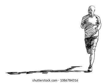 Sketch of running man with long shadow, Hand drawn vector illustration