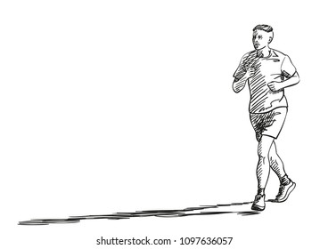 Sketch of running man with long shadow, Hand drawn vector illustration