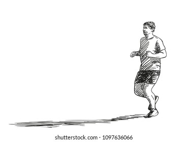 Sketch of running man with long shadow, Hand drawn vector illustration