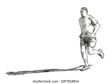Sketch of running man with long shadow, Hand drawn vector illustration