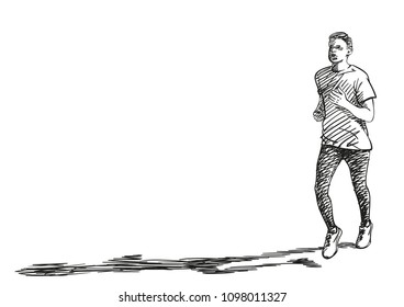 Sketch of running man with long shadow, Hand drawn vector illustration