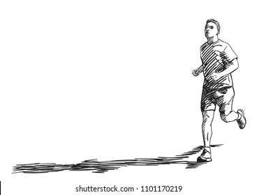 Sketch of running man with long shadow, Hand drawn vector illustration