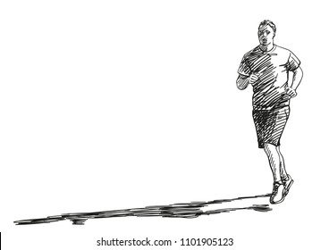 Sketch of running man with long shadow, Hand drawn vector illustration