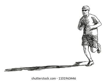 Sketch of running man with long shadow, Hand drawn vector illustration