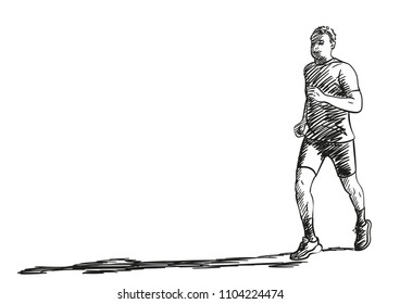 Sketch of running man with long shadow, Hand drawn vector illustration