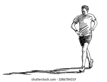 Sketch of running man looking at his watches, long shadow, Hand drawn vector illustration