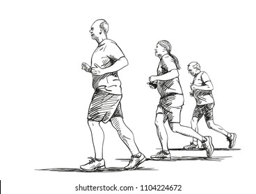 Sketch of running old people, Hand drawn vector illustration