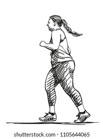 Sketch of running overweight woman, Hand drawn vector illustration