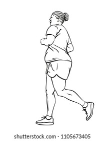 Sketch of running overweight woman, Hand drawn vector linear illustration