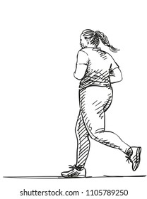 Sketch Of Running Overweight Woman, Hand Drawn Vector Illustration