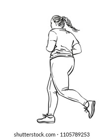Sketch of running overweight woman, Hand drawn vector linear illustration