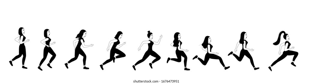 Sketch of running people isolated on a white background. Athletic lifestyle of a woman. A group of girls at a marathon. Jogging. Man stock vector illustration for decoration and design.