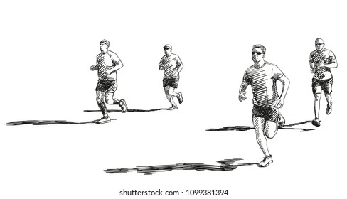 Sketch of running people with long shadow, Hand drawn vector illustration