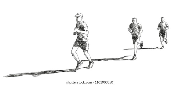 Sketch of running people with long shadow, Hand drawn vector illustration