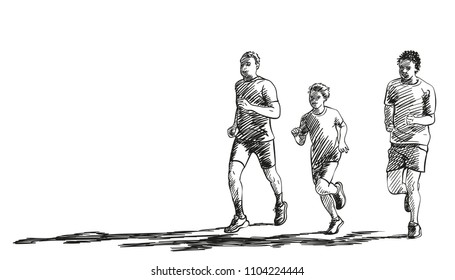 Sketch of running people with long shadow, Hand drawn vector illustration