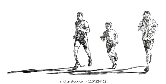 Sketch of running people with long shadow, Hand drawn vector illustration