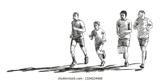 Sketch of running people with long shadow, Hand drawn vector illustration