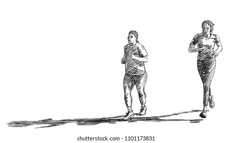 Sketch of running plus size women with long shadow, Hand drawn vector illustration