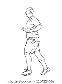 Sketch of running senior man, Hand drawn vector linear illustration