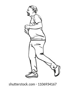 Sketch of running senior man, Hand drawn vector linear illustration