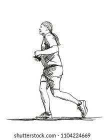 Sketch of running senior man with long hair in ponytail, Hand drawn vector illustration