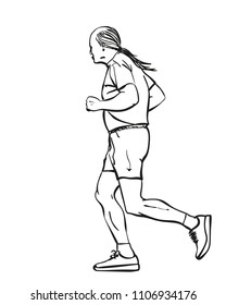 Sketch of running senior man with long hair in ponytail, Hand drawn vector linear illustration