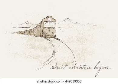 Sketch Of Running Train - Great Adventure Begins. Concept Of Romantic Voyage. Vintage Sepia Illustration