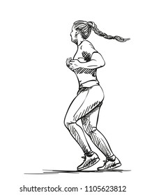 Sketch of running woman with pigtail, Hand drawn vector illustration