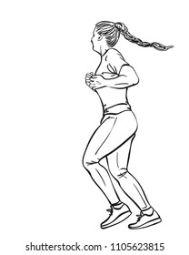 Sketch of running woman with pigtail, Hand drawn vector linear illustration