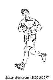 Sketch of running young man, Hand drawn vector linear illustration