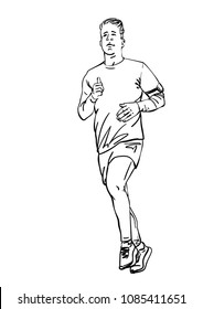 Sketch of running young man, Hand drawn vector linear illustration