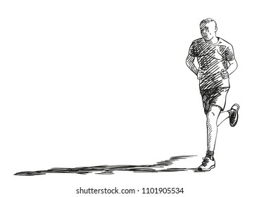 Sketch of running young man with long shadow, Hand drawn vector illustration