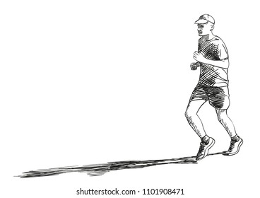 Sketch of running young man with long shadow, Hand drawn vector illustration