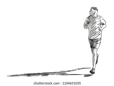 Sketch of running young man with long shadow, Hand drawn vector illustration