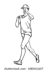 Sketch of running young woman, Hand drawn vector linear illustration