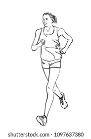 Sketch of running young woman, Hand drawn vector linear illustration