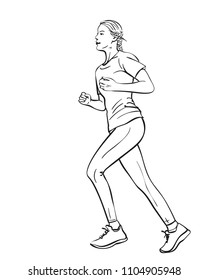 Sketch of running young woman, Hand drawn vector linear illustration