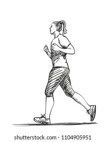 Sketch of running young woman, Hand drawn vector illustration