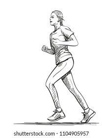 Sketch of running young woman, Hand drawn vector illustration