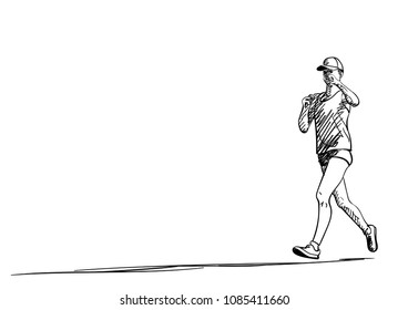 Sketch of running young woman with long shadow, Hand drawn vector illustration