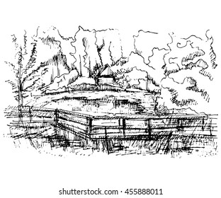 A sketch of the rural edge of a bridge and the edge of the forest