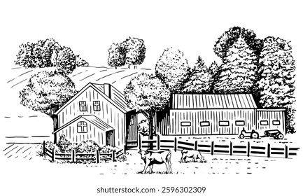 Sketch rural landscape with farm animal. Rustic panorama of countryside pastures. Cows on village meadow. 