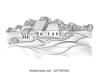 Sketch of rural landscape with hills, fields and countryhouse. Skyline with coundtry houses and farm buildings