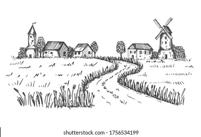 Sketch of a rural landscape. The road leading to the farm, houses, mill through a wheat field. Good for packaging eco-friendly, natural food. Engraved, etched image.Hand drawn. Black and white vector